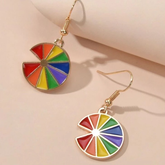 NEW Rainbow Colored Pie Shape Earrings - Picture 3 of 3